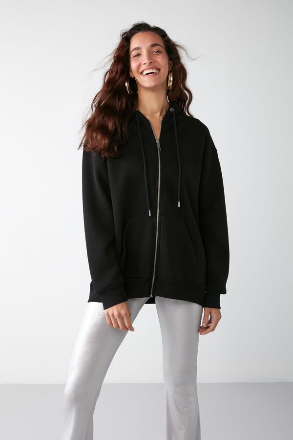 GRIMELANGE GRIMELANGE Alena Women's Basic Kangaroo Pocket Oversize Organic Cotton Zippered Hooded Black Sweatshirt