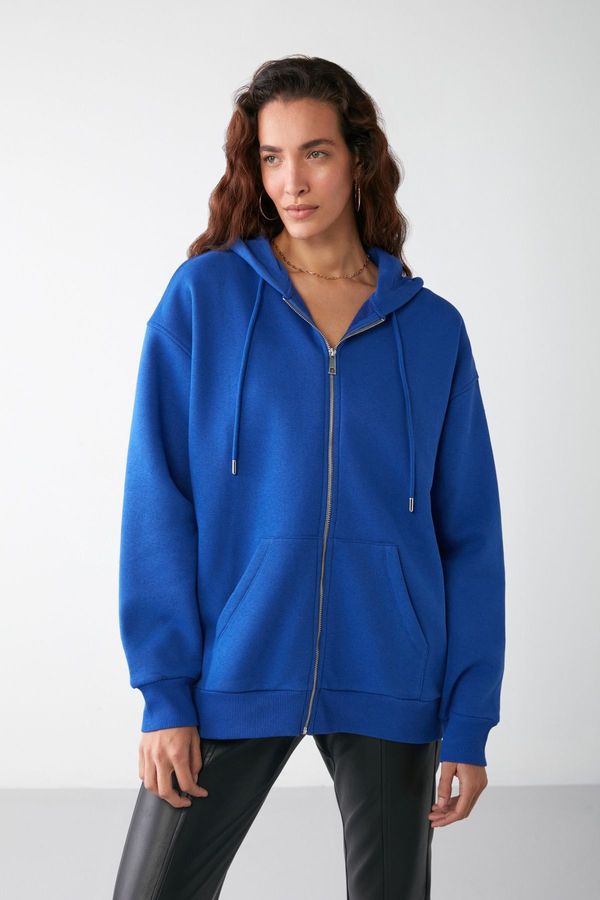 GRIMELANGE GRIMELANGE Alena Women's Basic Kangaroo Pocket Oversize Organic Cotton Zippered Hooded Saks Blue Sweatshirt