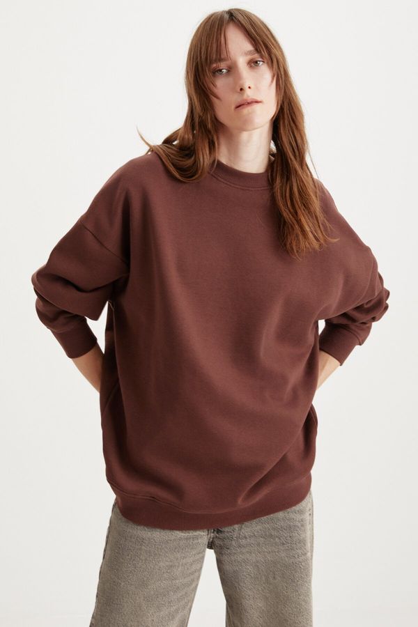 GRIMELANGE GRIMELANGE Allys Women's Crew Neck Oversize Basic Brown Sweatshirt