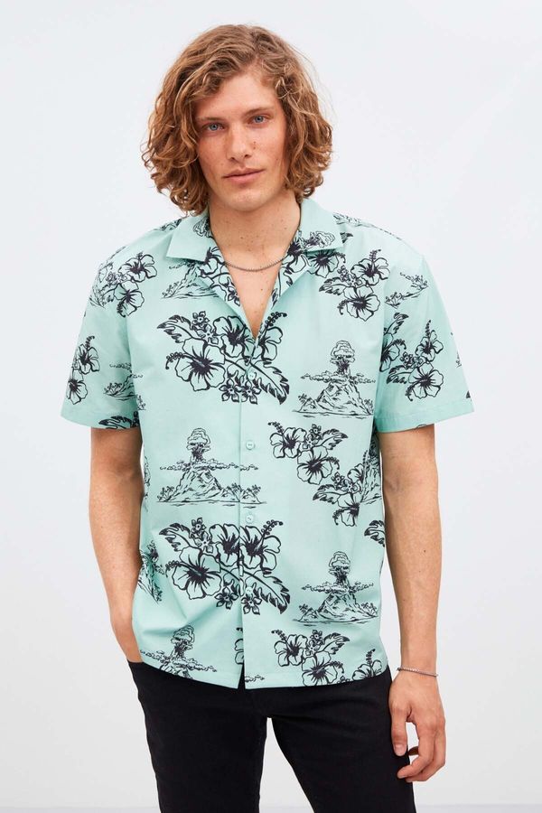 GRIMELANGE GRIMELANGE Almeira Men's 100% Cotton Poplin Fabric Patterned Summer Mint Green Shirt