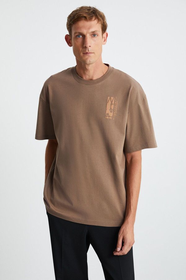 GRIMELANGE GRIMELANGE Antonio Men's Printed Detailed 100% Organic Cotton Knitted Oversize Mink T-shir