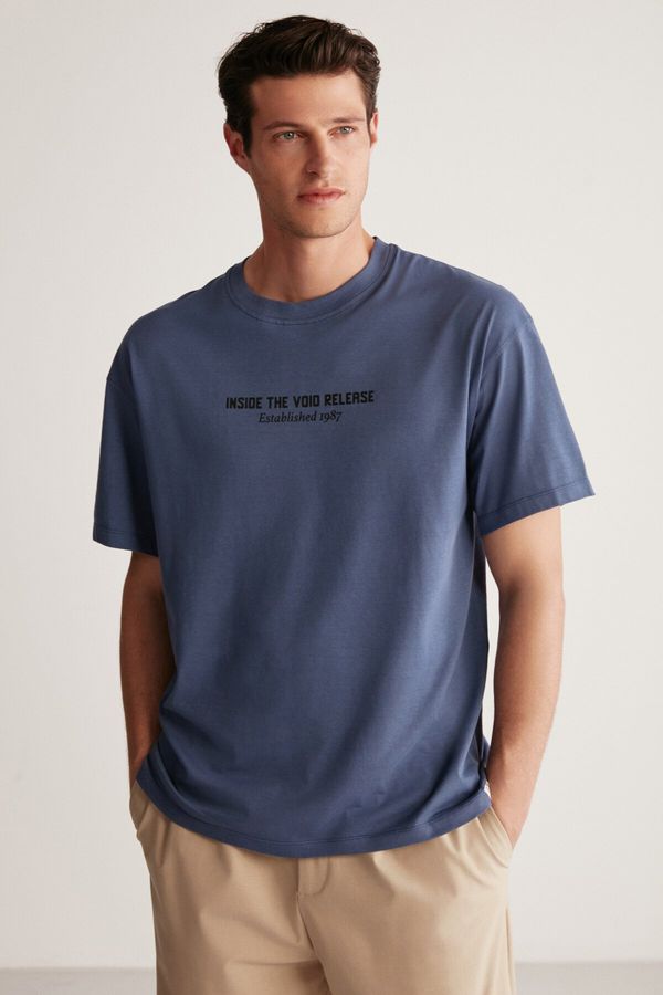 GRIMELANGE GRIMELANGE Bastıan Men's Oversize Fit 100% Cotton Thick Textured Printed Navy Blue T-shirt