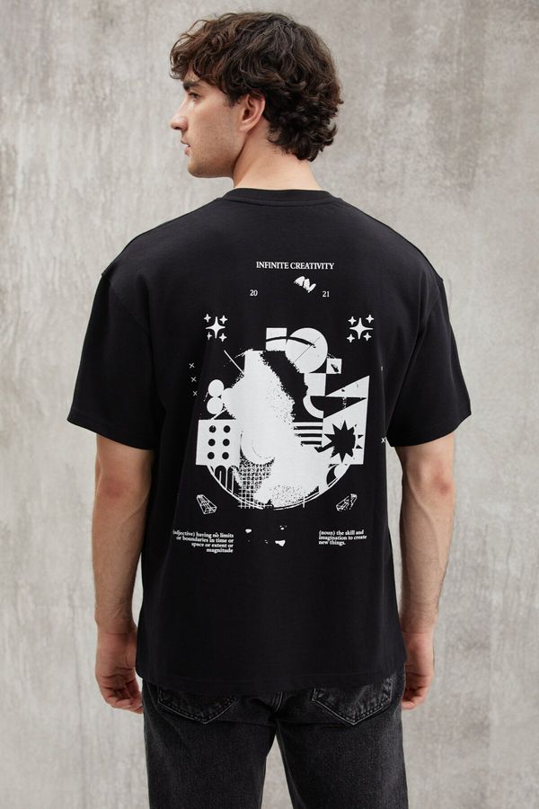 GRIMELANGE GRIMELANGE Bowen Men's 100% Cotton Crew Neck Print Detail Black T-shirt