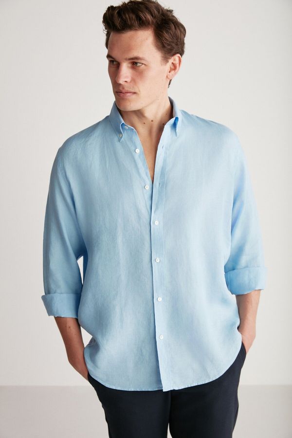GRIMELANGE GRIMELANGE Brice Men's 100% Linen Flowy Light Blue Shirt