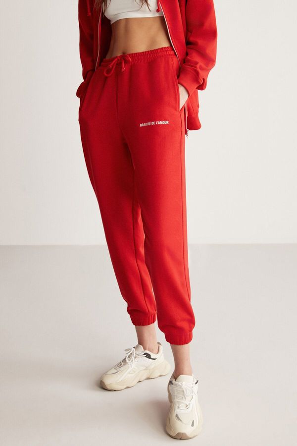 GRIMELANGE GRIMELANGE Carroline Women's Comfortable Cut Embroidered Red Sweatpants with Elastic Waist and Leg