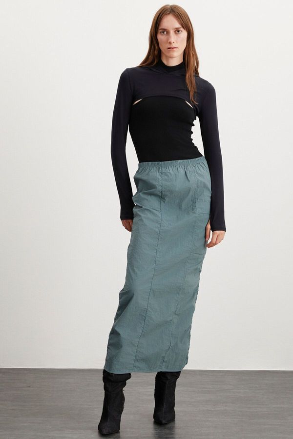 GRIMELANGE GRIMELANGE Cherı Women's Elastic Waist Waterproof Parachute Fabric Long Green Skirt