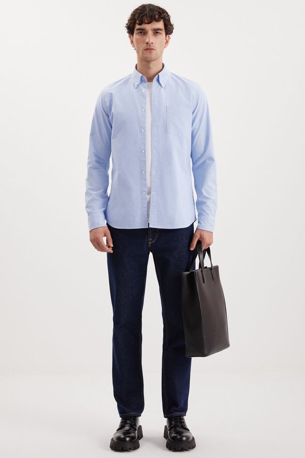 GRIMELANGE GRIMELANGE Cliff Men's 100% Cotton Oxford Blue Shirt with Pockets