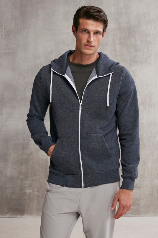 GRIMELANGE GRIMELANGE Core Men's Zippered High Collar Hooded Drawstring Fleece Inner Navy Blue Sweatshirt