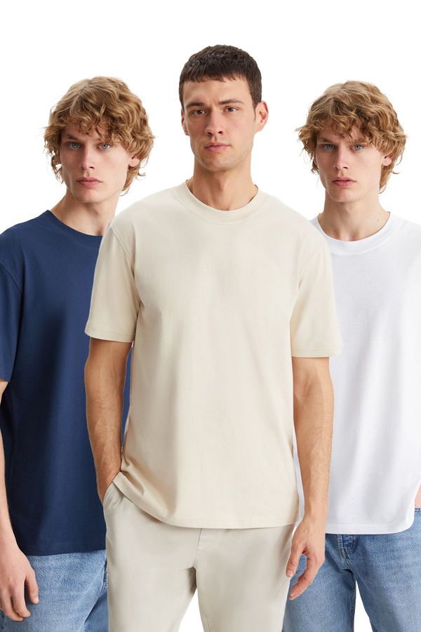 GRIMELANGE GRIMELANGE Cultivated Men's 3-Pack Thick Texture Regular 100% Organic Cotton Navy/beige/byz T-shir