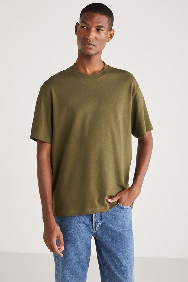 GRIMELANGE GRIMELANGE Curtis Men's Comfort Fit Thick Textured Recycle 100% Cotton Khaki T-shirt