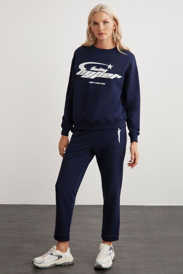 GRIMELANGE GRIMELANGE Darcy Women's Crew Neck Long Sleeve Elastic Waist Printed Navy Blue Tracksuit Set