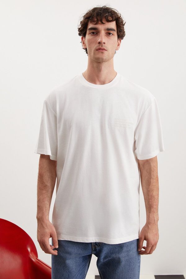 GRIMELANGE GRIMELANGE Darell Men's Oversize Fit 100% Cotton Thick Textured Printed White T-shir