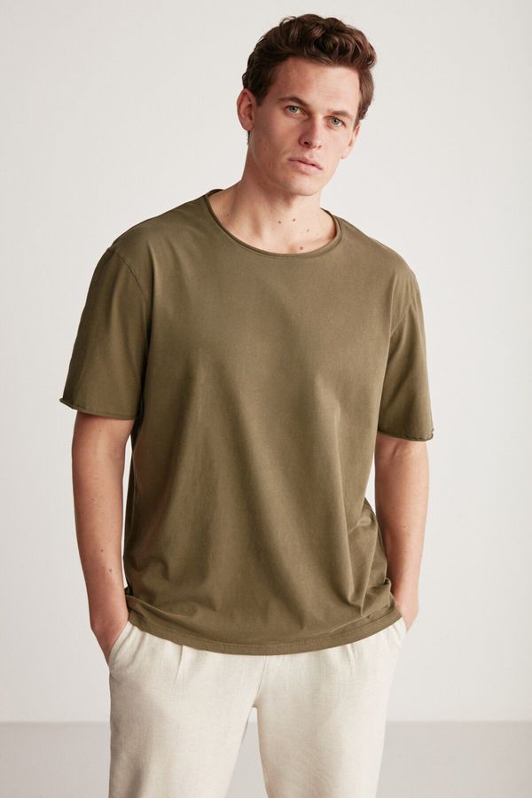 GRIMELANGE GRIMELANGE Davison Men's Open Collar Oversize Fit 100% Cotton Khaki T-shirt