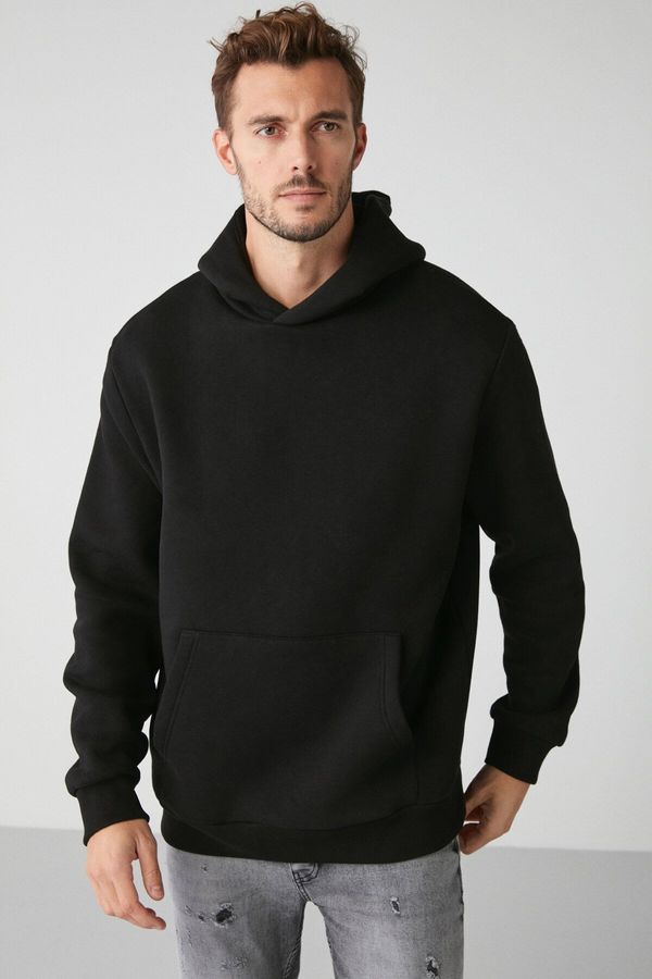 GRIMELANGE GRIMELANGE Draco Men's Soft Fabric Knitted 3 Thread Oversize Hooded Black Sweatshirt with Kangaroo Pocket