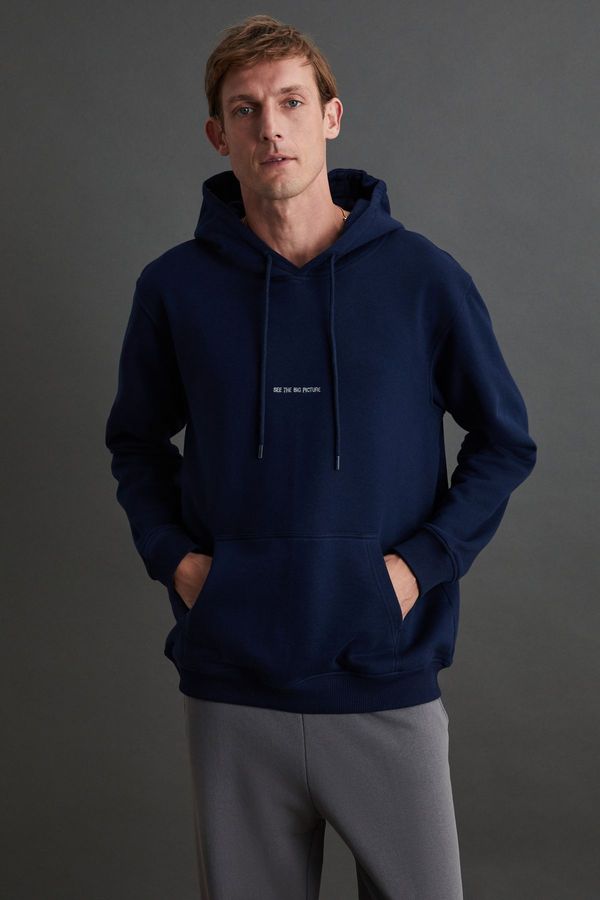 GRIMELANGE GRIMELANGE Epic Men's Soft Fabric Embroidered Detailed Hooded Corded Regular Navy Blue Sweatshirt