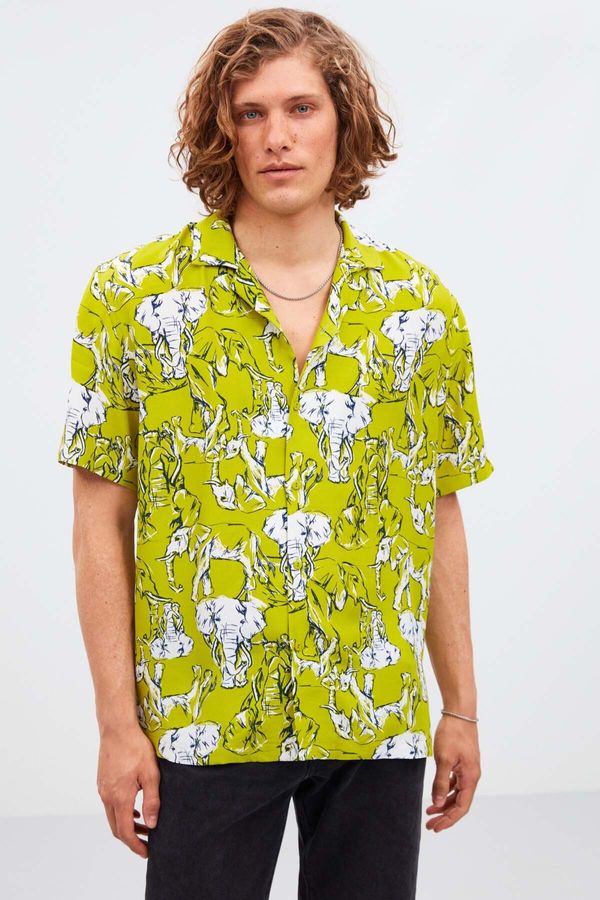 GRIMELANGE GRIMELANGE Evora Men's Tiril Tiril Fabric Loose Woven Wide Fit Summer Green Shirt