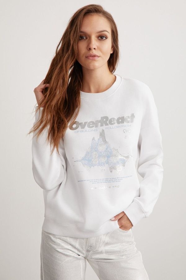 GRIMELANGE GRIMELANGE Faylinn Women's Crew Neck Fleece Printed White Sweatshir