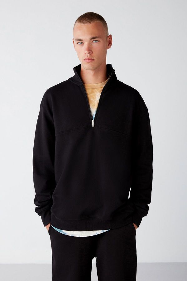 GRIMELANGE GRIMELANGE Frame Men's Half Zipper Stand Collar Soft Fabric Polar Fleece Regular Black Sweatshirt