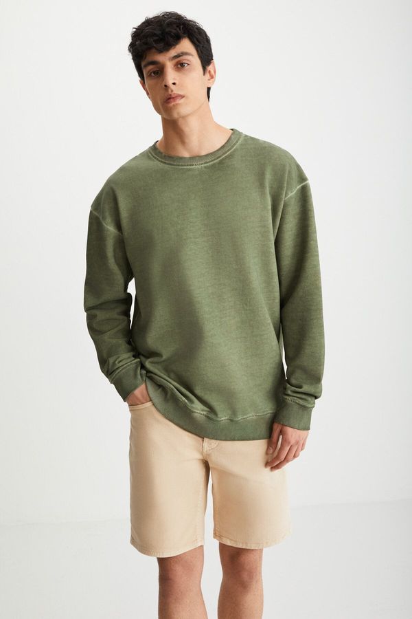 GRIMELANGE GRIMELANGE Gregor Men's Washable Fleece Inside Soft Oversize Crew Neck Khaki Sweatshir