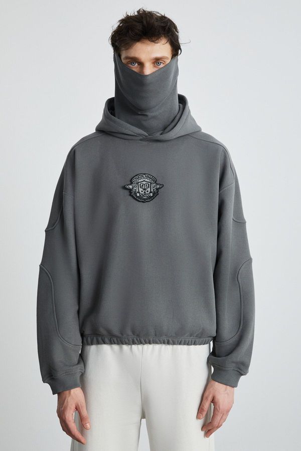 GRIMELANGE GRIMELANGE Hampus Men's Masked Polar Fleece Soft Embroidered Comfort Organic Cotton Dark Gray Sweatshir