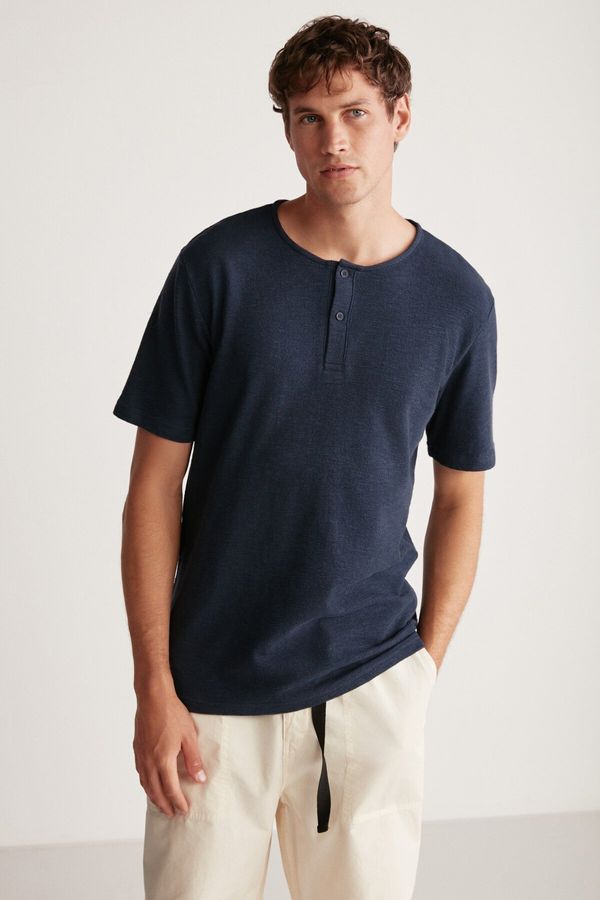 GRIMELANGE GRIMELANGE Harry Men's Collar Special Patterned Textured Thick Fabric 100% Cotton Navy Blue T-shirt