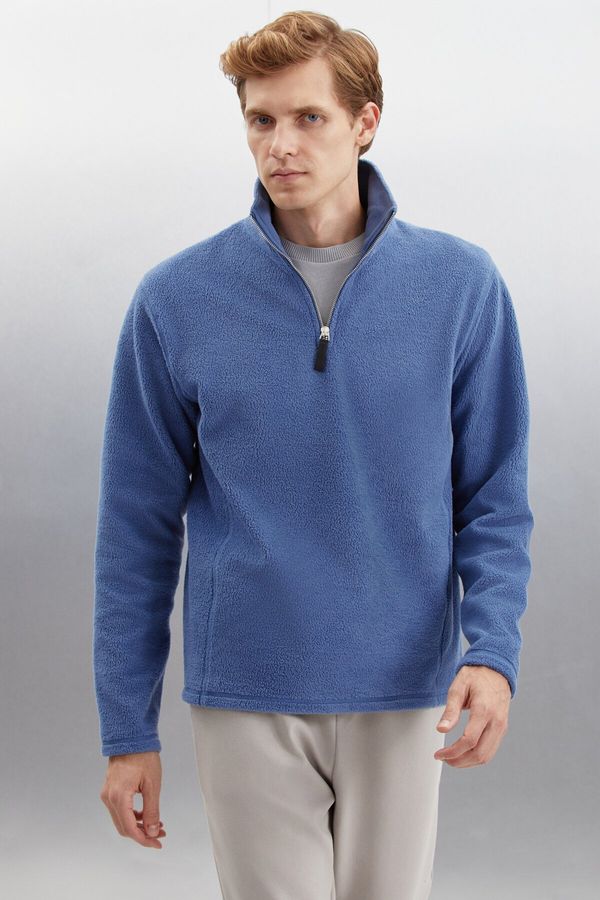 GRIMELANGE GRIMELANGE Hayes Men's Fleece Half Zipper Leather Accessory Thick Textured Comfort Fit Indigo Fleece
