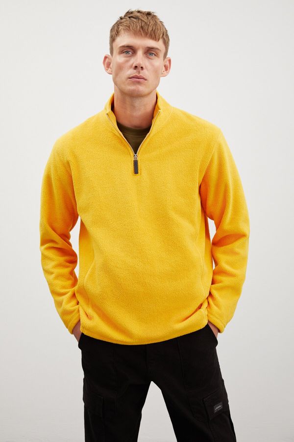 GRIMELANGE GRIMELANGE Hayes Men's Fleece Half Zipper Leather Accessory Thick Textured Comfort Fit Saffron Yellow Fleece