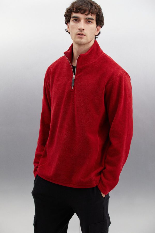 GRIMELANGE GRIMELANGE Hayes Men's Fleece Half Zipper with Leather Accessories Thick Textured Comfort Fit Claret Red Fleece