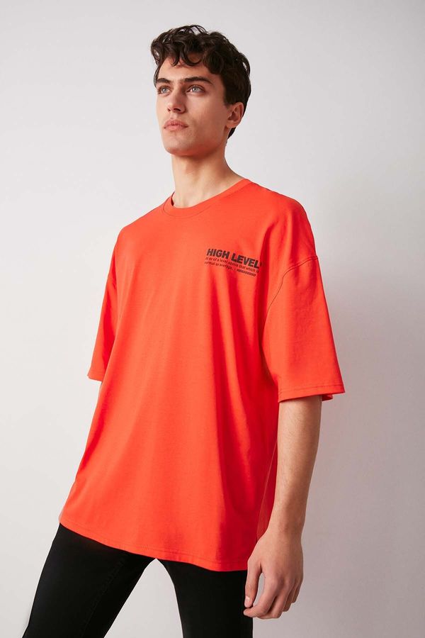 GRIMELANGE GRIMELANGE High Men's Oversize Fit 100% Cotton Thick Textured Printed Red T-shirt