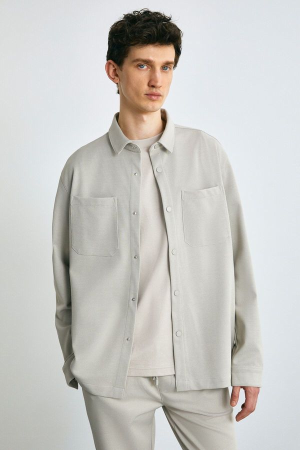 GRIMELANGE GRIMELANGE Jacquard Men's Regular Fit Standard Cut Classic Collar Patterned Snap-On Gray Shirt