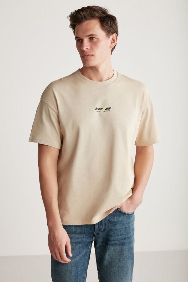 GRIMELANGE GRIMELANGE Jake Men's Oversize Fit 100% Cotton Thick Textured Printed Beige T-shirt