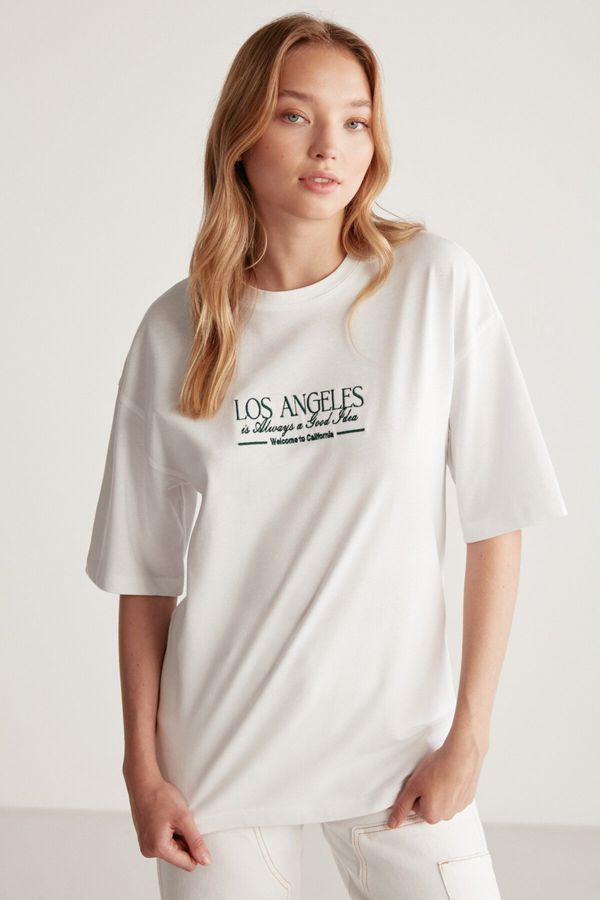 GRIMELANGE GRIMELANGE Janna Women's Crew Neck Oversize 100% Cotton Printed White / Green T-shirt