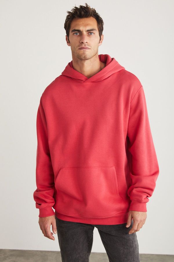 GRIMELANGE GRIMELANGE Jardel Men's Hooded Fleece Inner Kangaroo Pocket Pink Sweatshir