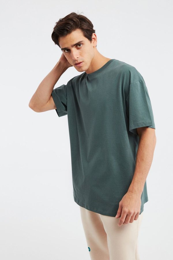 GRIMELANGE GRIMELANGE Jett Men's Oversize Fit 100% Cotton Thick Textured Dark Green T-shirt