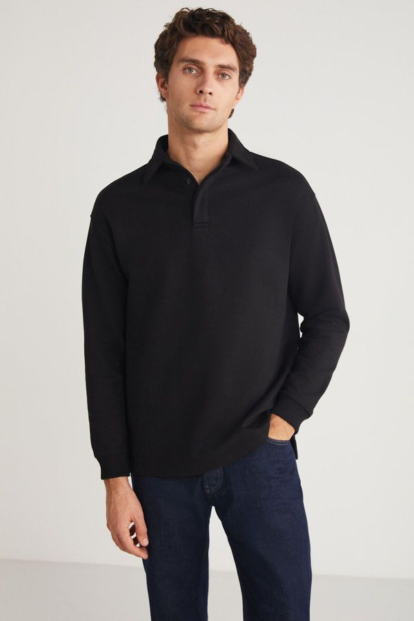 GRIMELANGE GRIMELANGE JOHN Men's Polo Sweat Shirt Collar Long Back Slit Diagonel Fabric Black Sweatshirt