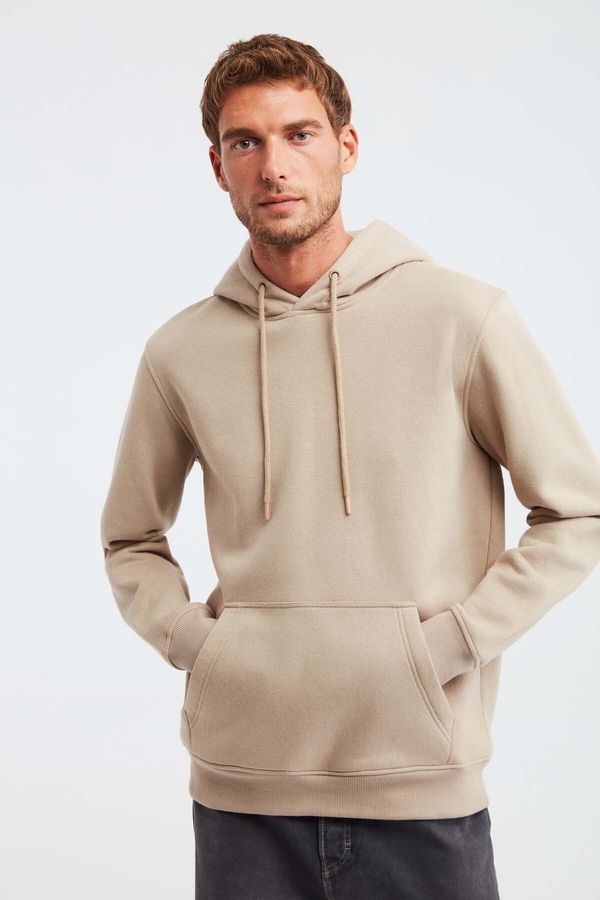 GRIMELANGE GRIMELANGE Jorge Men's Soft Hooded Organic Cotton Kangaroo Pocket Regular Beige Sweatshirt