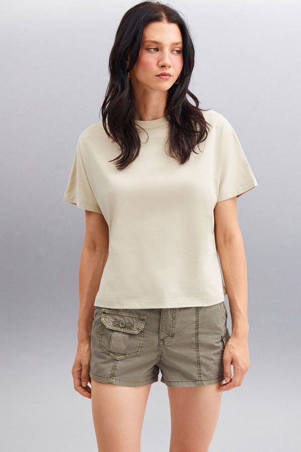 GRIMELANGE GRIMELANGE Lottie Women's 100% Organic Cotton Regular Fit Crew Neck Basic Short Sleeve Gray T-shir