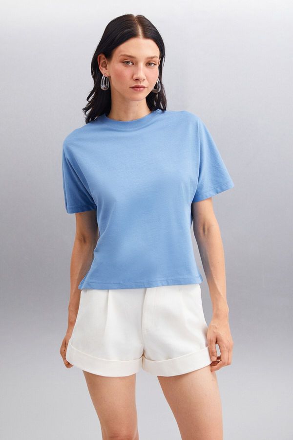 GRIMELANGE GRIMELANGE Lottie Women's 100% Organic Cotton Regular Fit Crew Neck Basic Short Sleeve Indigo T-shir