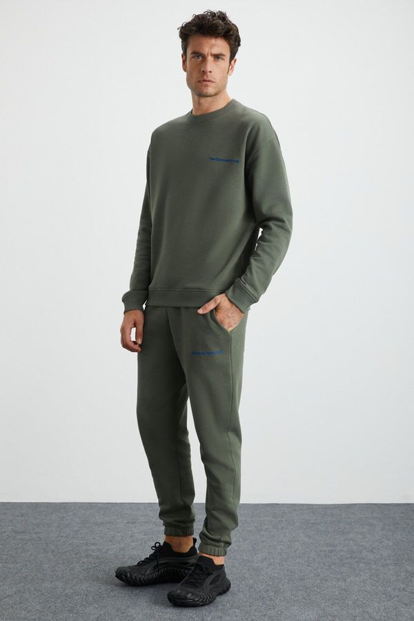 GRIMELANGE GRIMELANGE Marshall Men's Cotton Fleece Inside Embroidered Relaxed Khaki Tracksuit Se