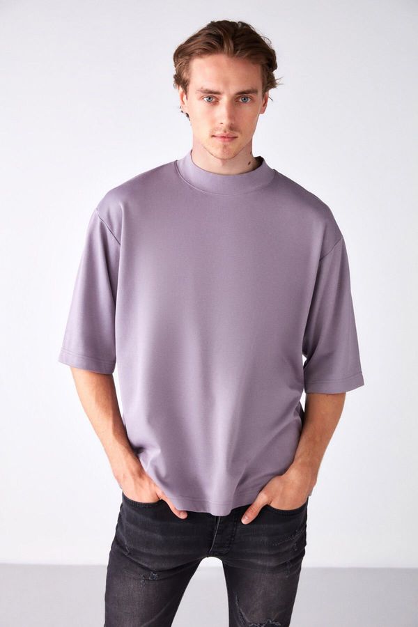 GRIMELANGE GRIMELANGE Men's Ascolı Oversize Fit Special Thick Textured Fabric High Collar Lilac T-shirt