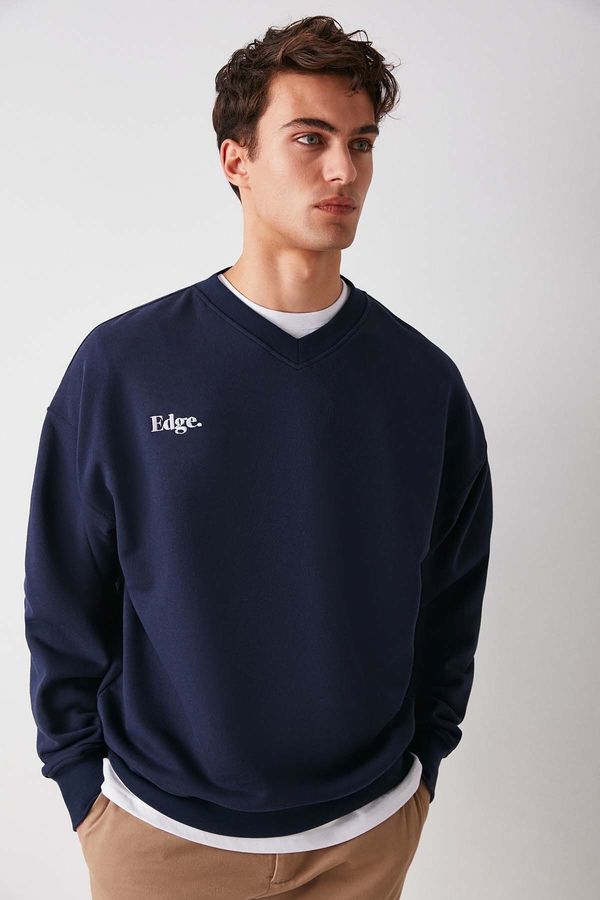 GRIMELANGE GRIMELANGE Off Men's Organic Cotton Letter Embroidery Detailed V-Neck Non-Polarized Oversize Navy Blue Sweatshirt