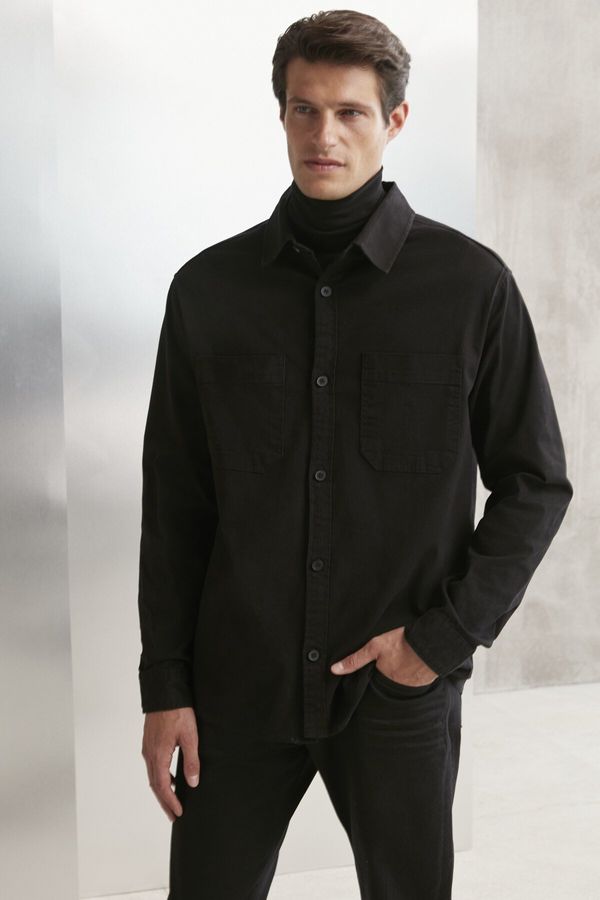 GRIMELANGE GRIMELANGE Outside Men's Woven Thick Textured Black Shirt with Washed Pocket