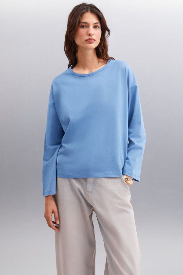 GRIMELANGE GRIMELANGE Printed Women's Back Print Detail Oversize 100% Organic Cotton Knitted Long Sleeve Indigo T-shirt