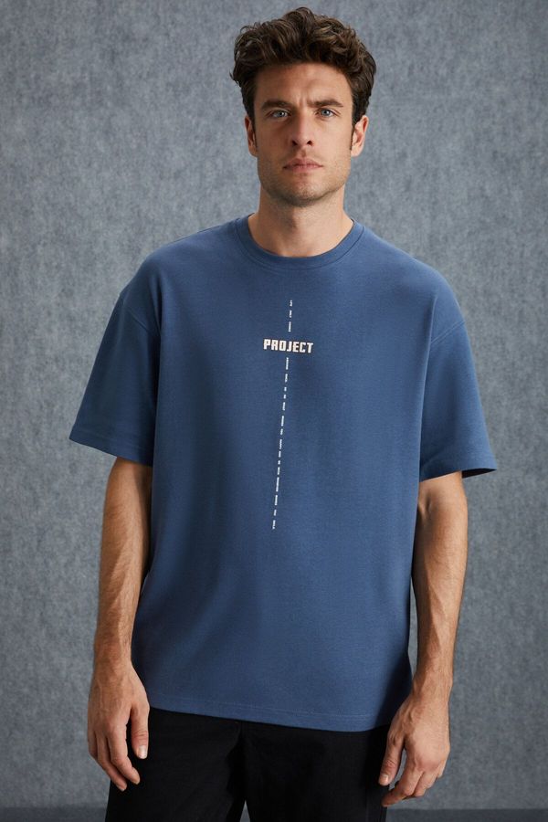GRIMELANGE GRIMELANGE Project Men's Print Detail Oversize Fit 100% Organic Cotton Knitted Crew Neck Knitted Indigo T-shir