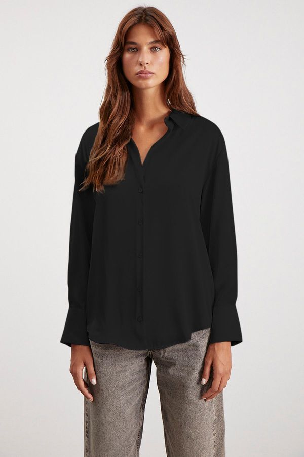 GRIMELANGE GRIMELANGE Sheila Women's Premium Satin Woven Relaxed Fit Casual Cut Long Sleeve Pocketless Black Shirt