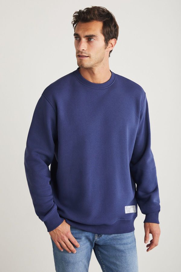 GRIMELANGE GRIMELANGE Travis Men's Organic Fabric Soft Regular Fit Round Neck Navy Blue Sweatshir