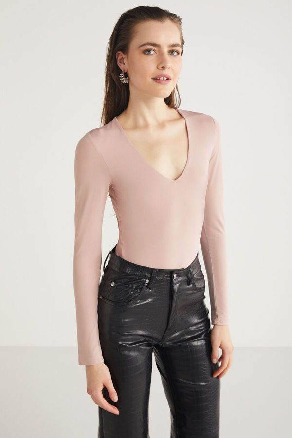 GRIMELANGE GRIMELANGE Valeri Women's Flexible Thin Jersey Fabric Bottom Snap Front Double Layer V-Neck Powder Bodysui