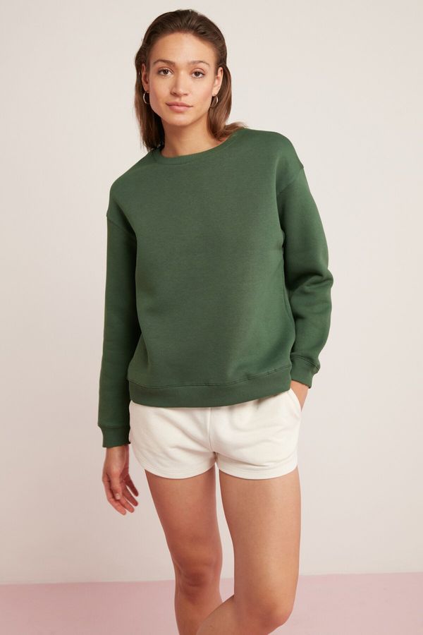 GRIMELANGE GRIMELANGE Vaneltina Women's Polar Fleece 3 Thread Organic Cotton Oversize Basic Crew Neck Green Sweatshir