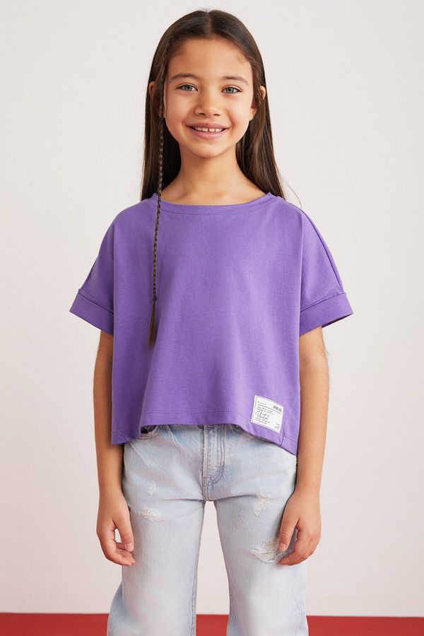 GRIMELANGE GRIMELANGE Verena Girls' 100% Cotton Double Sleeve Ornamental Label Purple T-shir