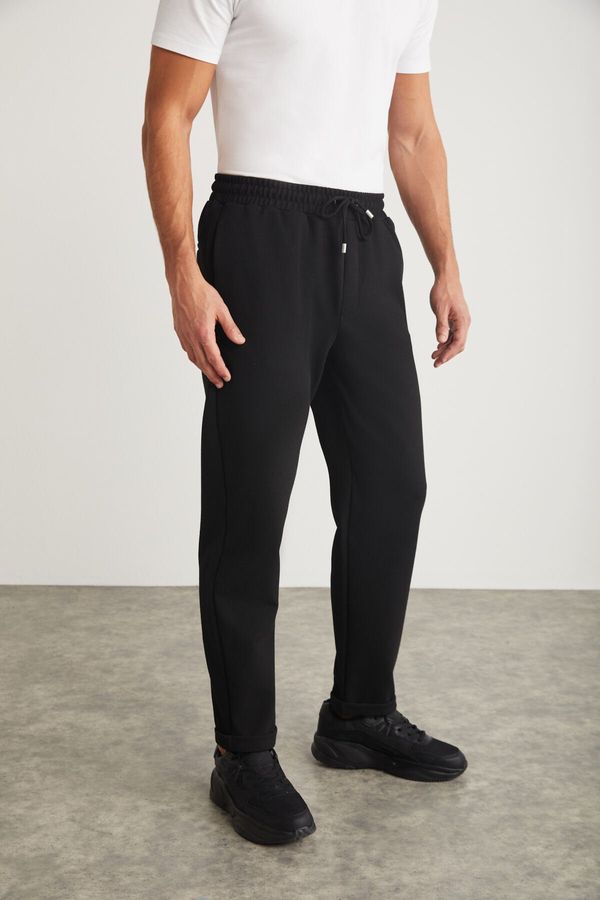 GRIMELANGE GRIMELANGE Walsh Men&#39;s Pique Look Special Fabric Flexible Double Leg Corded Black Trousers with Elastic Waist
